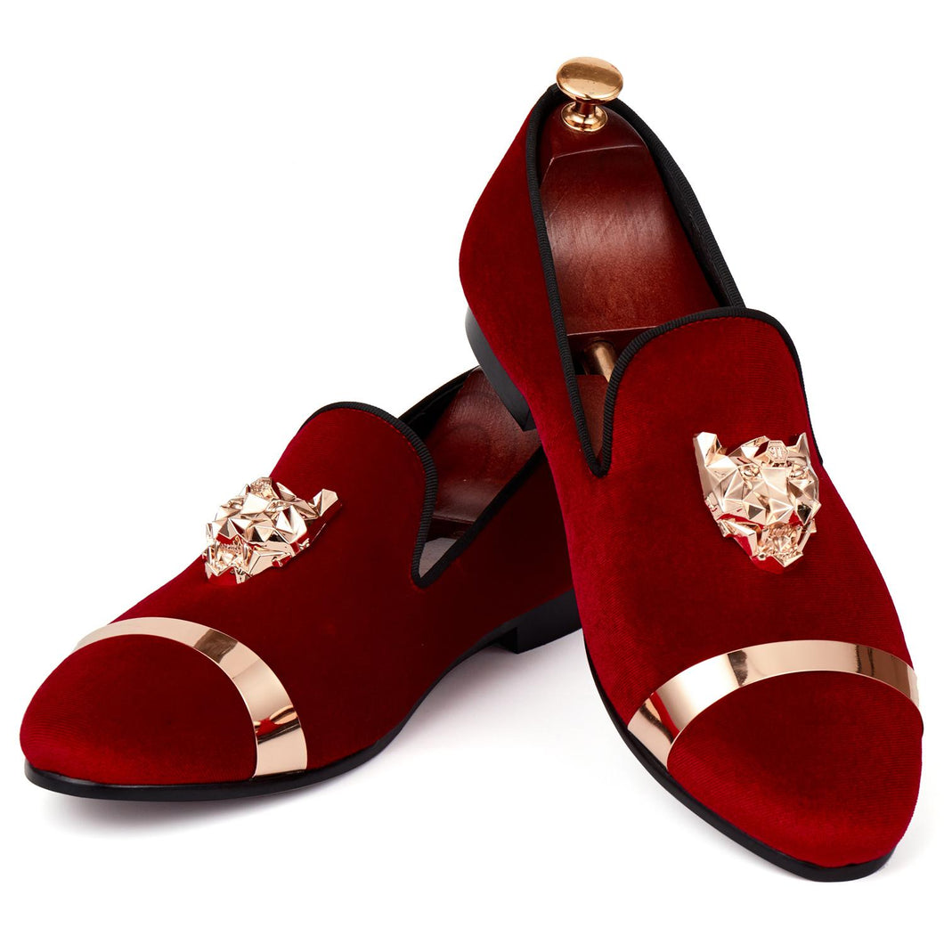 Harpelunde Men Loafers Velvet Red Buckle Wedding Shoes Gold Metal