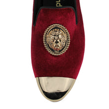 Harpelunde Men Handmade Red Dress Wedding Shoes Lion Buckle Velvet Copper Cap Toe Loafer