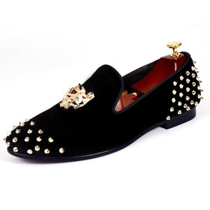 Harpelunde Men Wedding Spikes Black Velvet Loafer Animal Buckle Flats