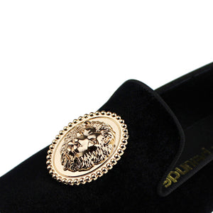 Harpelunde Men Handmade Black Dress Wedding Shoes Lion Buckle Velvet Copper Cap Toe Loafer