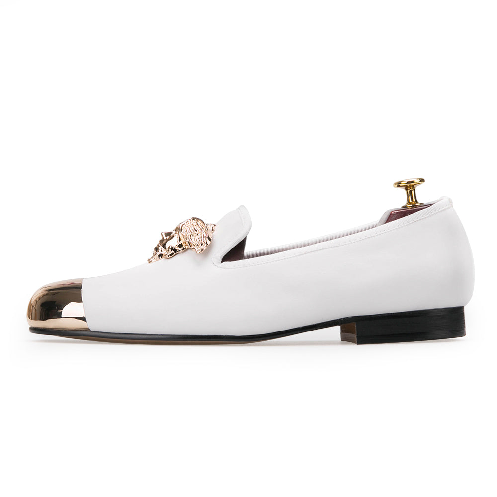 white and gold dress shoes mens OneDrop Men Dress Shoes Handmade Bright Face Buckle Gold Metal Wedding Party Prom Loafers White / 6.5