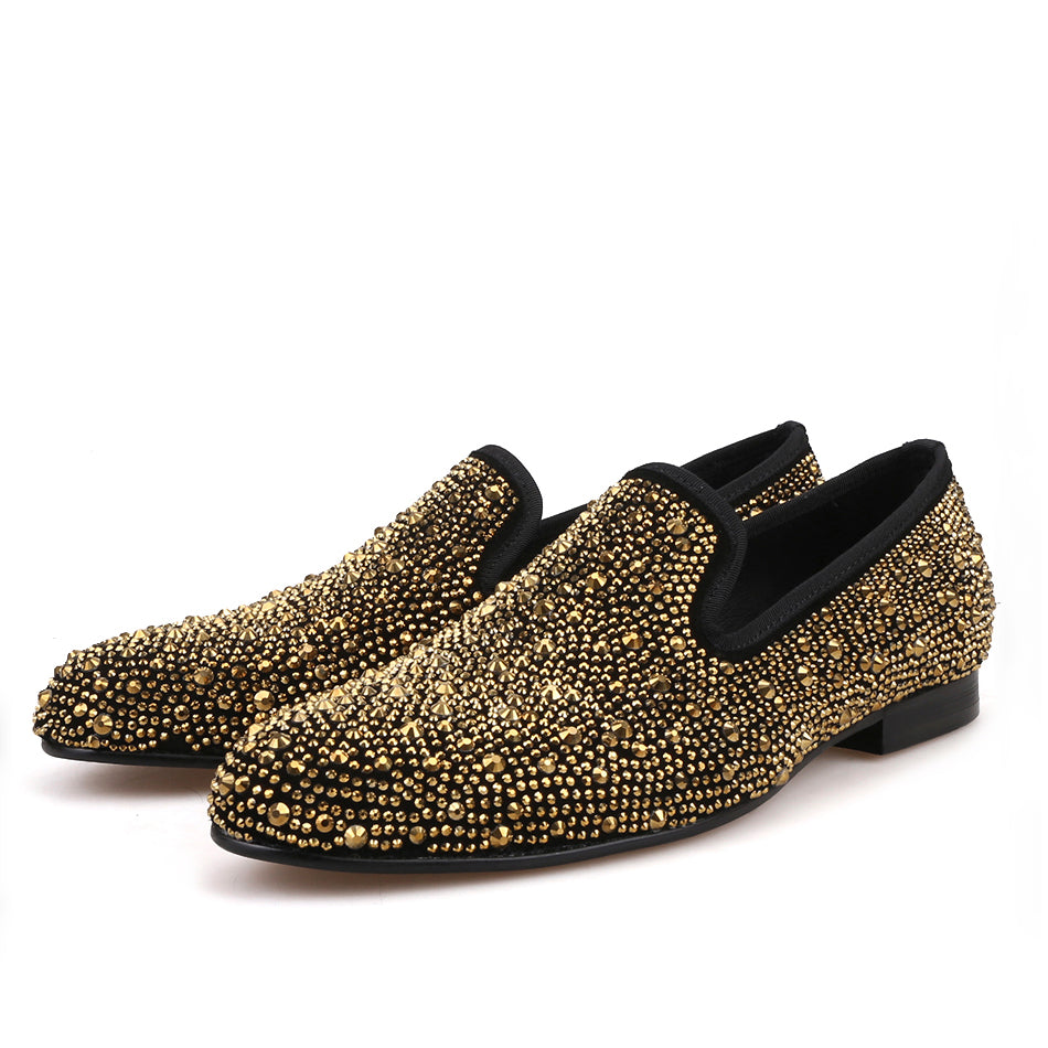 OneDrop Handmade Men Dress Shoes Gold Crystals Suede Crafted Wedding Party Prom Loafers Gold / 17