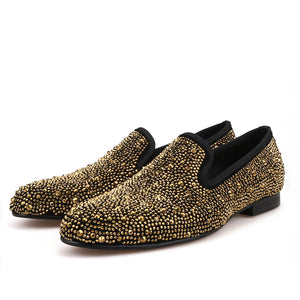 OneDrop Handmade Men Dress Shoes Gold Crystals Suede Crafted Wedding Party Prom Loafers