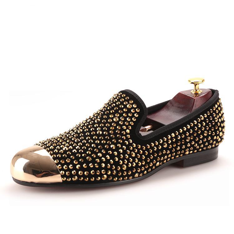 OneDrop Gold Toe And Gold Crystal Handmade Men Dress Shoes Leather Party Wedding Prom Loafers Gold / 7.5 OneDrop Gold Toe And Gold Crystal Handmade Men Dress Shoes Leather Party Wedding Prom Loafers Gold / 7.5
