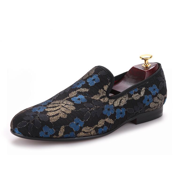 OneDrop Handmade Sequined Cloth Printing Men Dress Shoes Flower Party Wedding Prom Loafers Blue / 5