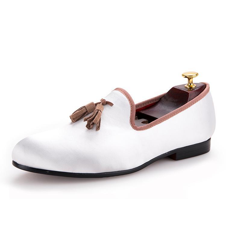 OneDrop Men Handmade Dress Shoes White Sequined Brown Tassel Wedding Party Prom Loafers Beige / 6