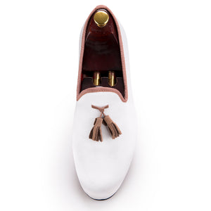 OneDrop Men Handmade Dress Shoes White Sequined Brown Tassel Wedding Party Prom Loafers