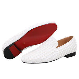 OneDrop Handmade White Spikes Men Slip-On Smoking Slippers Red Outsole Party Wedding Birthday Prom Loafers