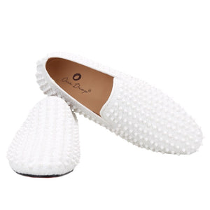 OneDrop Handmade White Spikes Men Slip-On Smoking Slippers Red Outsole Party Wedding Birthday Prom Loafers