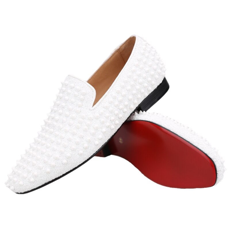 OneDrop Handmade White Spikes Men Slip-On Smoking Slippers Red Outsole Party Wedding Birthday Prom Loafers