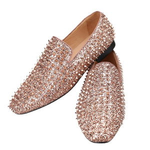 OneDrop Handmade Men Rose Gold Glitter Spikes Slip-On Red Bottom Party Wedding Prom Loafers