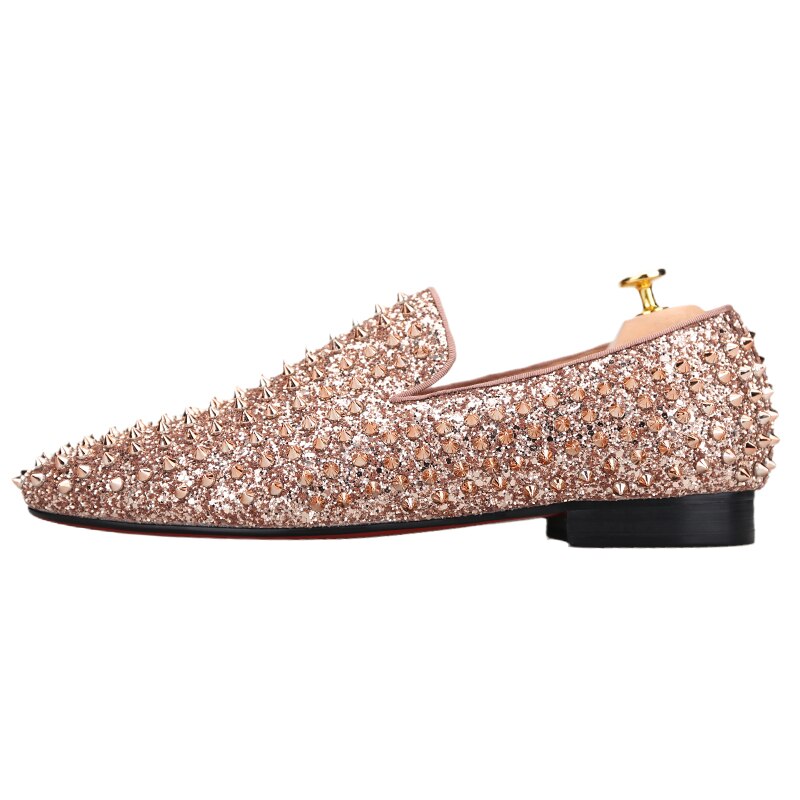Rose Gold Loafers Men Gold Prom Shoes Pink Velvet Loafers With