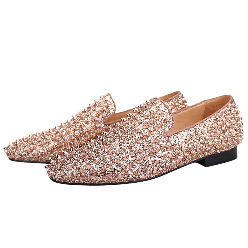 OneDrop Handmade Men Rose Gold Glitter Spikes Slip-On Red Bottom Party Wedding Prom Loafers Rose Gold / 11 OneDrop Handmade Men Rose Gold Glitter Spikes Slip-On Red Bottom Party Wedding Prom Loafers Rose Gold / 11