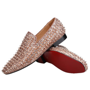 OneDrop Handmade Men Rose Gold Glitter Spikes Slip-On Red Bottom Party Wedding Prom Loafers