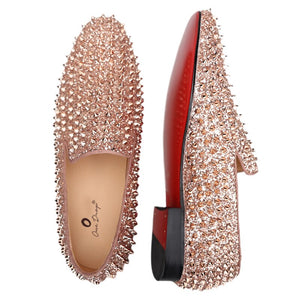 OneDrop Handmade Men Rose Gold Glitter Spikes Slip-On Red Bottom Party Wedding Prom Loafers