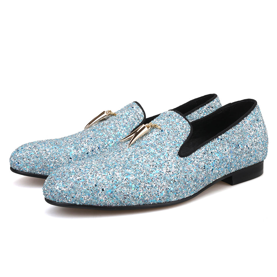 OneDrop Men Sky Blue Handmade Leather Prom Party And Wedding Dress Shoes Loafers Metal Tassels Sky Blue / 4.5