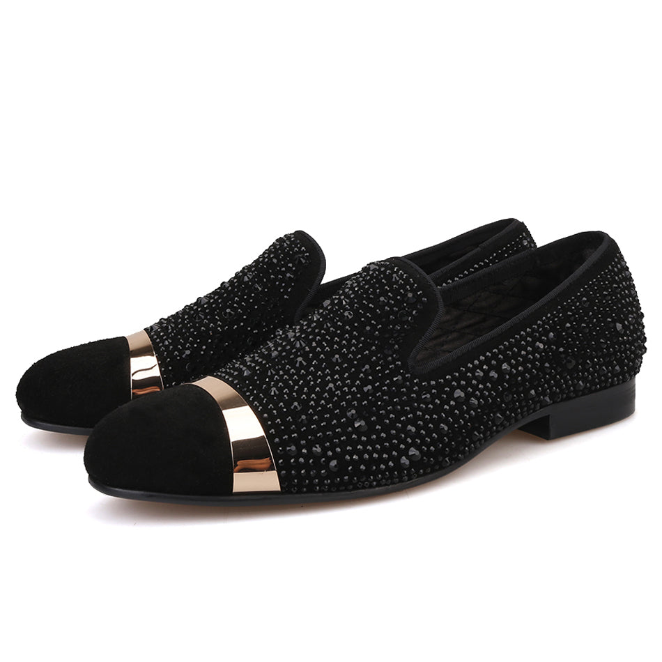 OneDrop Handmade Black Diamonds Men Dress Shoes Gold Strap Banquet Party Wedding Prom Loafers Black / 9