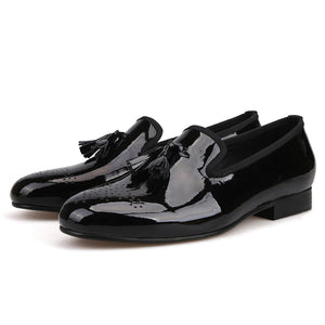 OneDrop Handmade Black Patent Leather Men Shoes With Tassel Party Wedding Prom Loafers
