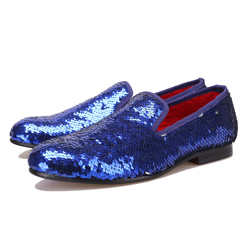 OneDrop Handmade Blue Beads Dress Shoes Men Party Wedding Prom Loafers Royal Blue / 17