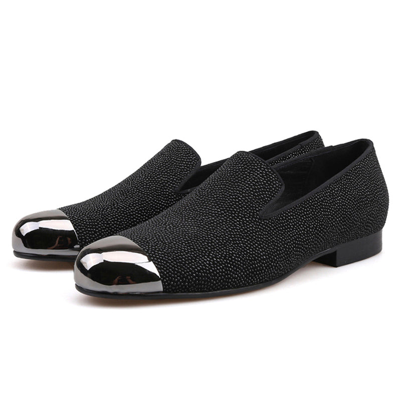 OneDrop Handmade Dot Pattern Leather Men Dress Shoes Gun Metal Toe Party Wedding Prom Loafers Black / 6.5