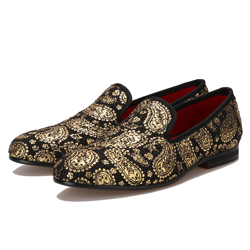 OneDrop Handmade Gold Cashew Flower Print Men Velvet Dress Shoes Party Wedding Prom Loafers Black / 11.5