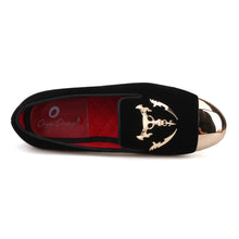 OneDrop Handmade Men Dress Shoes Black Velvet Skull Buckle Gold Toe Party Wedding Prom Loafers