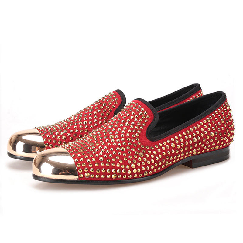 OneDrop Handmade Red Suede Men Dress Shoes Gold Rhinestone Gold Toe Metal Wedding Party Prom Loafers Red / 6 OneDrop Handmade Red Suede Men Dress Shoes Gold Rhinestone Gold Toe Metal Wedding Party Prom Loafers Red / 6
