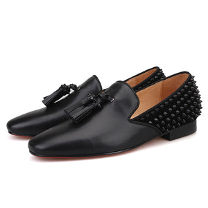 OneDrop Handmade Men Dress Shoes Leather Vamp Spikes Leather Tassels Suede Spikes Wedding Party Prom Loafers
