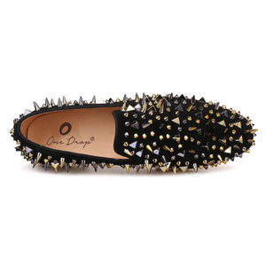 black shoes with gold dress OneDrop Handmade Men Dress Shoes Suede Gold Black Rivet Spikes Party Wedding Prom Loafers Black / 14