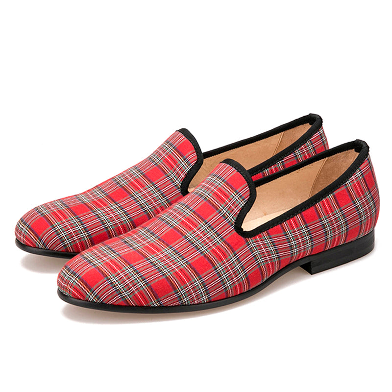red plaid dress shoes OneDrop Handmade Men Scottish Plaid Fabric Dress Shoes Wedding party Prom Loafers Blue / 5