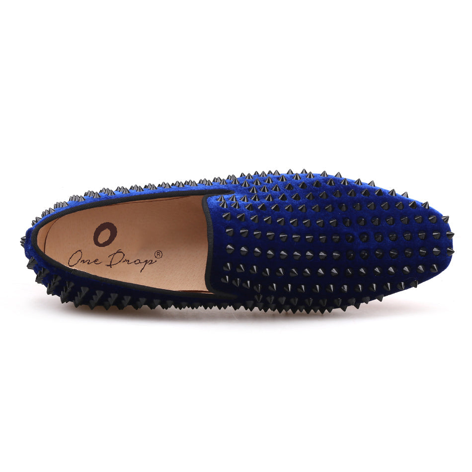OneDrop Handmade Men Leather Velvet Spikes Dress Shoes Party Wedding And Prom Loafers Royal Blue / 5