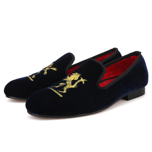 OneDrop Lion Embroidery Velvet Men Handmade Dress Shoes Party Wedding Banquet Prom Loafers