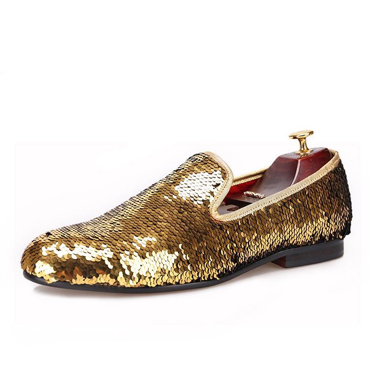 OneDrop Wedding Party And Prom Gold Colors Dress Shoes Men Luxurious Glitter Handmade Loafers Gold / 11.5
