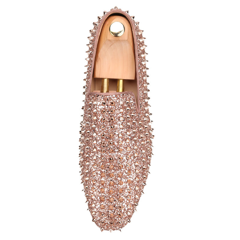 OneDrop Handmade Men Rose Gold Glitter Spikes Slip On Red Bottom Party Wedding Prom Loafers