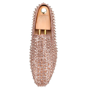 OneDrop Handmade Men Rose Gold Glitter Spikes Slip-On Red Bottom Party Wedding Prom Loafers