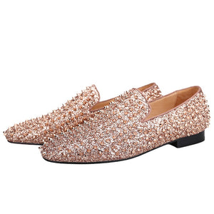 OneDrop Handmade Men Rose Gold Glitter Spikes Slip-On Red Bottom Party Wedding Prom Loafers