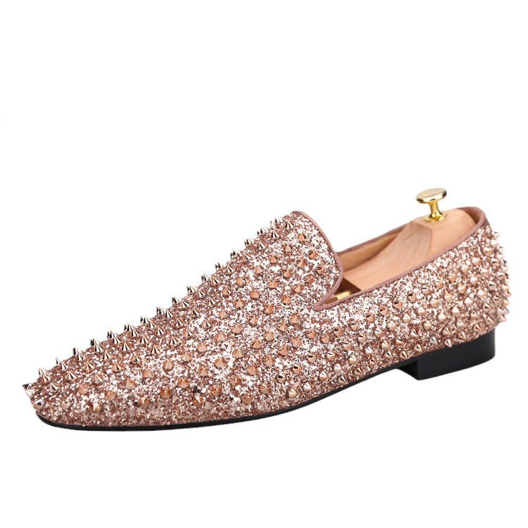 OneDrop Handmade Men Rose Gold Glitter Spikes Slip On Red Bottom Party Wedding Prom Loafers