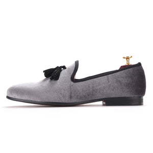 OneDrop Handmade Gray Velvet Men Dress Shoes Black Suede Tassel Party Wedding Prom Loafers