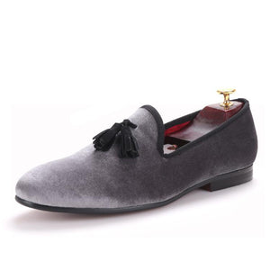 OneDrop Handmade Gray Velvet Men Dress Shoes Black Suede Tassel Party Wedding Prom Loafers