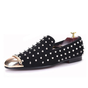 OneDrop Handmade Men Black Suede Silver Rivets Spikes Gold Metal Toe  Party Wedding Banquet Prom Loafers