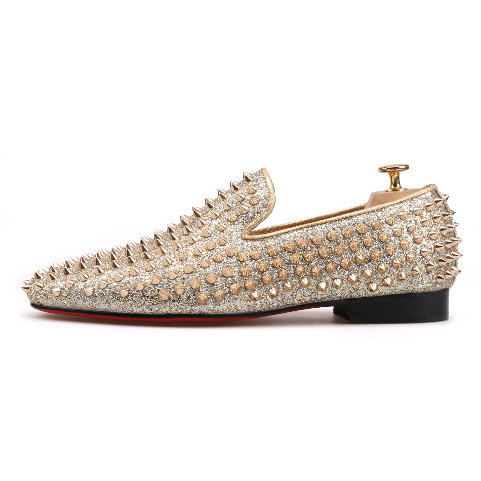 OneDrop Men Handmade Gold Spikes Dress Shoes Leather Party Wedding Prom Loafers Silver / 7 OneDrop Men Handmade Gold Spikes Dress Shoes Leather Party Wedding Prom Loafers Silver / 7