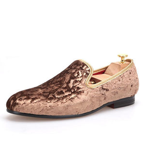 OneDrop Handmade Brown Flower Print Men Velvet Dress Shoes Party Wedding Prom Loafers