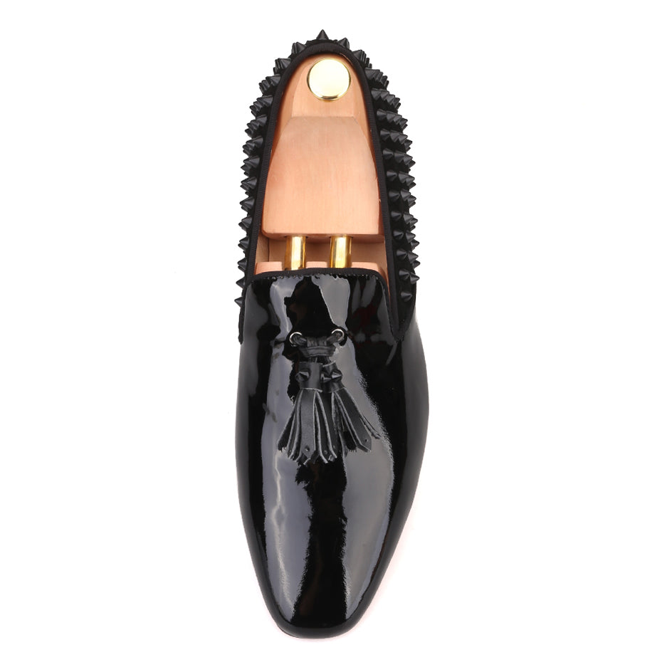 OneDrop Handmade Patent Leather Men Dress Shoes Black Spikes