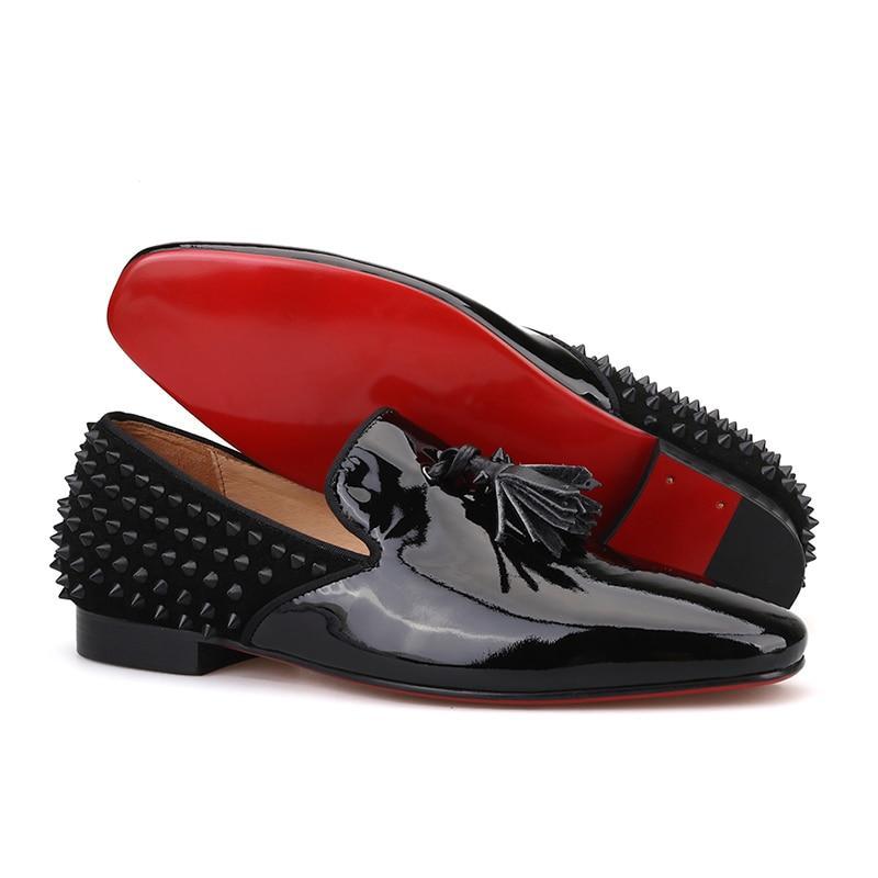 OneDrop Men Handmade Patent Leather Dress Shoes Red Bottom Spikes Wedding Party Prom Loafers Black / 6.5
