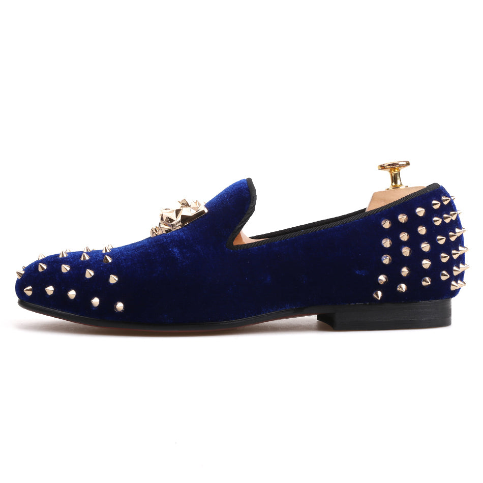 OneDrop Men Handmade Velvet Dress Shoes Gold Tiger Buckle Spikes Party Wedding Prom Loafers Blue / 17 OneDrop Men Handmade Velvet Dress Shoes Gold Tiger Buckle Spikes Party Wedding Prom Loafers Blue / 17