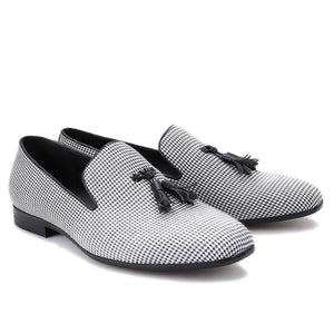 OneDrop Handmade Houndstooth Fabric Men Leather Tassel Dress Shoes Party Wedding Prom Loafers