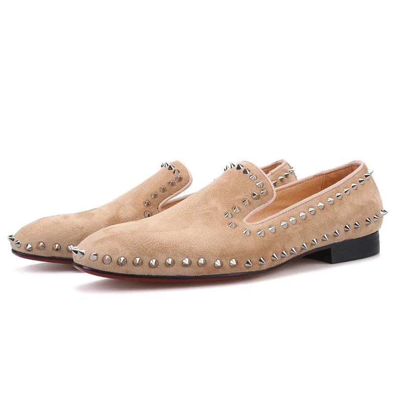 OneDrop Handmade Khaki Leather Men Dress Shoes Silver Spikes Red Bottom Wedding Party Prom Loafers Khaki / 16.5 OneDrop Handmade Khaki Leather Men Dress Shoes Silver Spikes Red Bottom Wedding Party Prom Loafers Khaki / 16.5