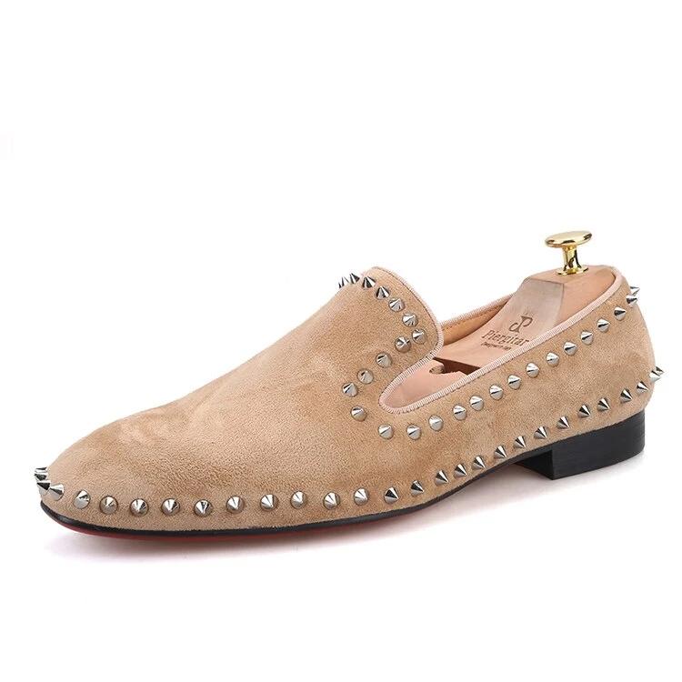 OneDrop Handmade Khaki Leather Men Dress Shoes Silver Spikes Red Bottom Wedding Party Prom Loafers Khaki / 16.5 OneDrop Handmade Khaki Leather Men Dress Shoes Silver Spikes Red Bottom Wedding Party Prom Loafers Khaki / 16.5