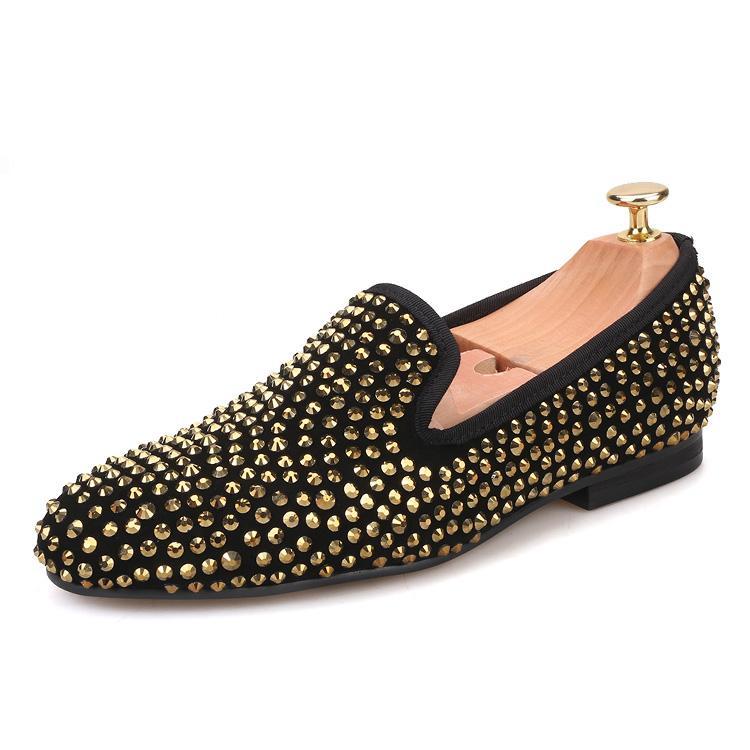 Women OneDrop Handmade Dress Shoes Gold Crystal Suede Party Wedding Prom Loafers