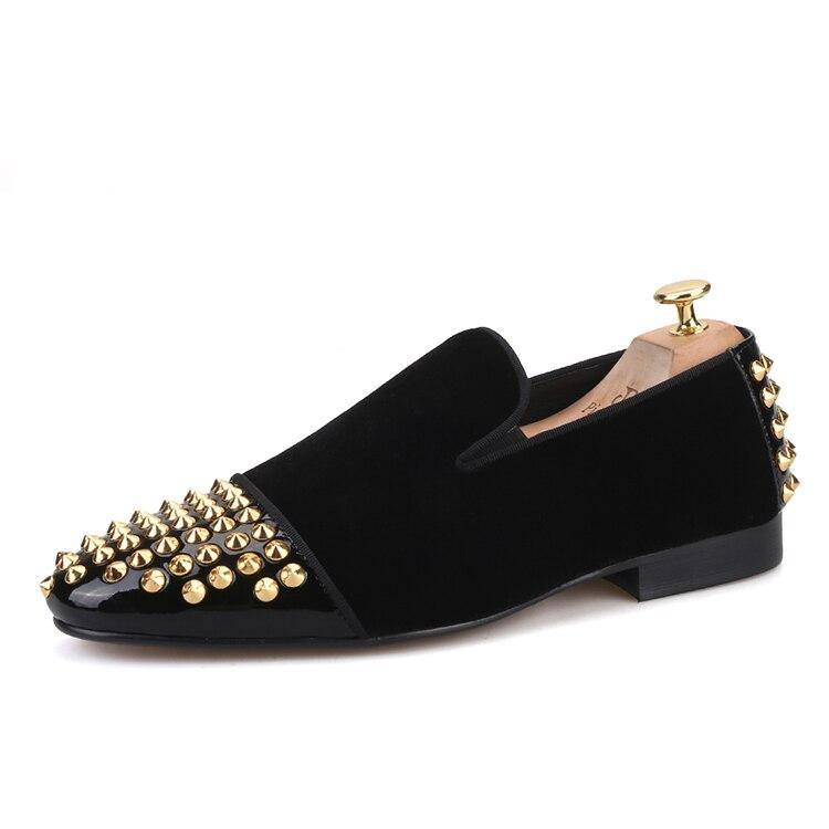 OneDrop Men Handmade Dress Shoes Velvet Front Rear Gold Spikes Party Wedding Prom Loafers Black / 11.5 OneDrop Men Handmade Dress Shoes Velvet Front Rear Gold Spikes Party Wedding Prom Loafers Black / 11.5